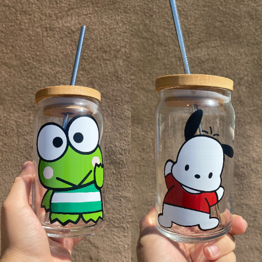 Pochacco Beer Can Iced Coffee Glass Cup With Lid and Straw 